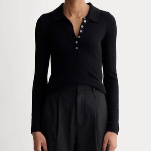 Everlane Black Ribbed Button-Down Polo Top